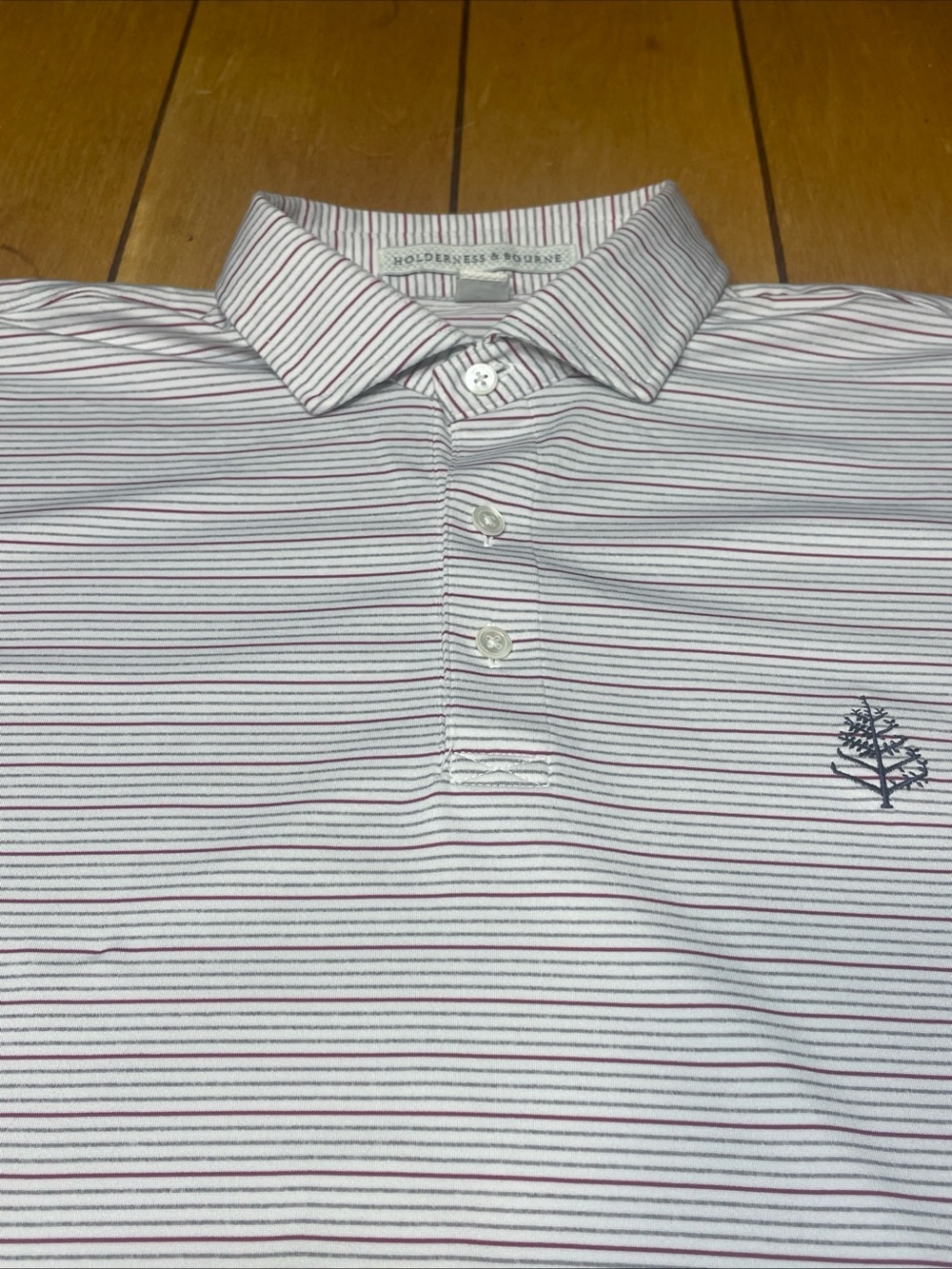 Holderness & Bourne Men's White Polo with Thin Red Stripes Four Seasons Golf L